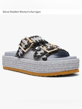 Steve Madden Karrigan Woven Black & Blue Platform Slide with Gold Buckles